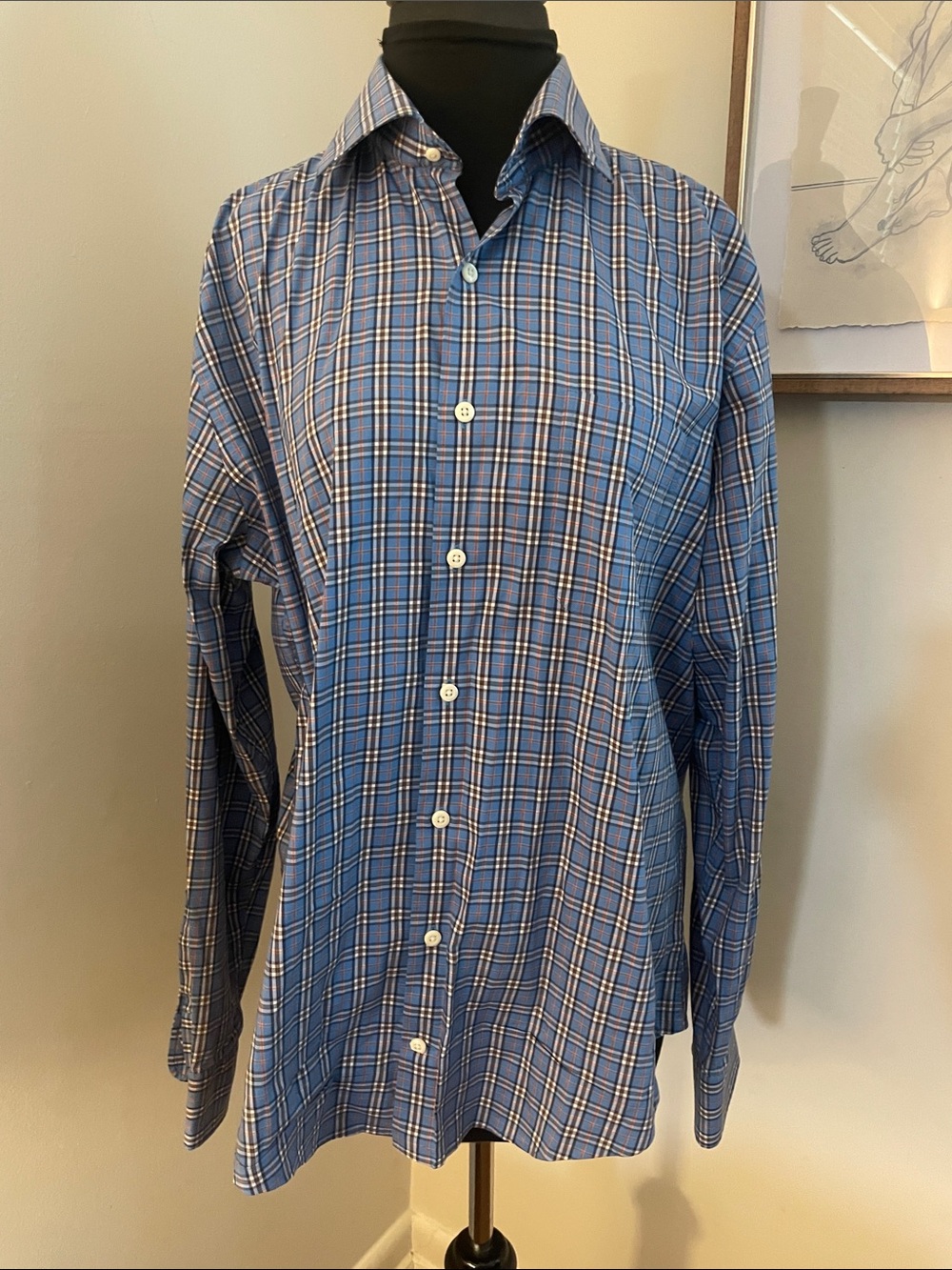 Peter Millar | Men's Blue plaid long sleeve single pocket button down-size large